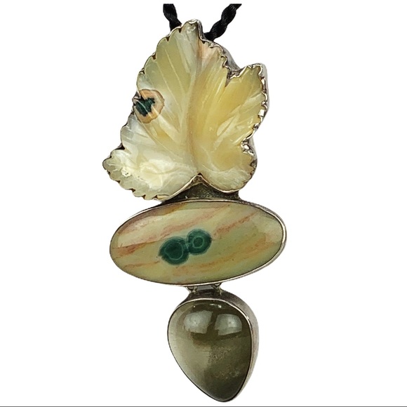 VTG AKR Ocean Jasper Carved Leaf Brooch / Pendant - Picture 1 of 15